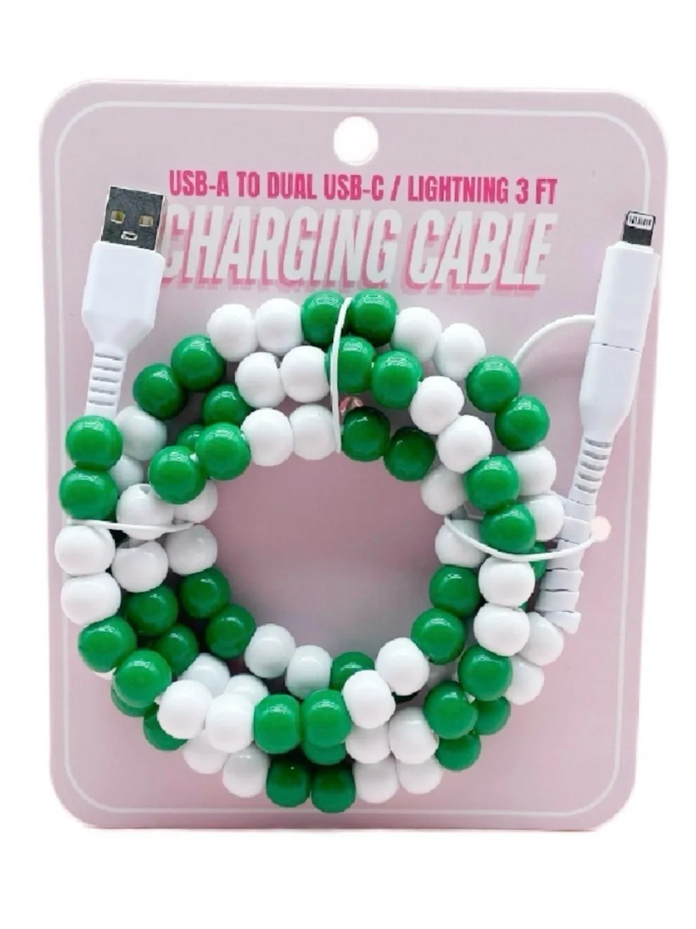 Universal Green & White Beaded USB Charging Cable - 3 ft